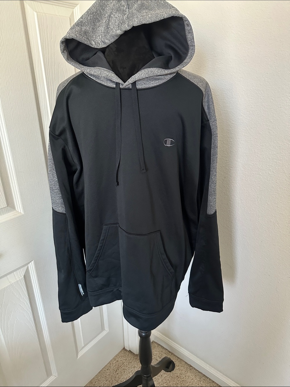 Champion Black Pullover Hoodie with Gray Hood & Sleeve Panels